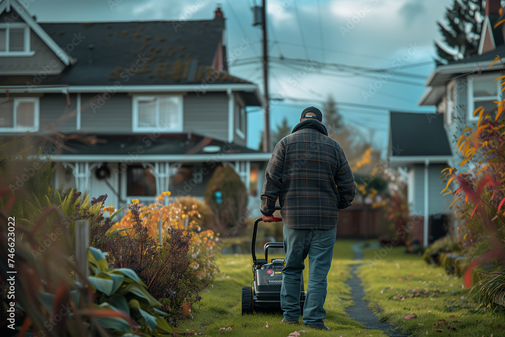 Man using lawn mover while walking at backyard Man using lawn mover while walking at backyard