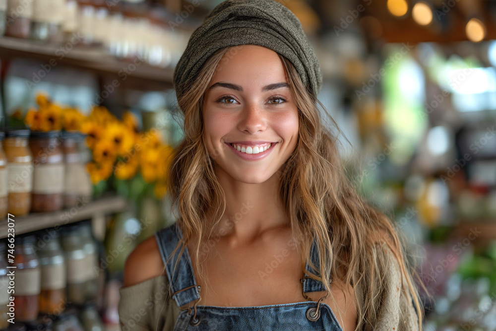 Smiling female owner working at organic store