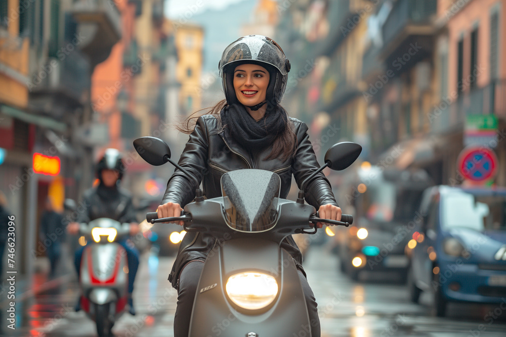 Smiling businesswoman riding scooter on street