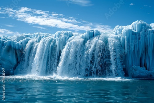 Majestic Frozen Waterfall Cascading into Glacial Lake with Intense Blue Ice Formations