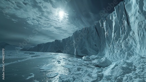 Majestic Moonlit Arctic Landscape with Snow-Covered Glaciers and Icebergs under a Starry Night Sky