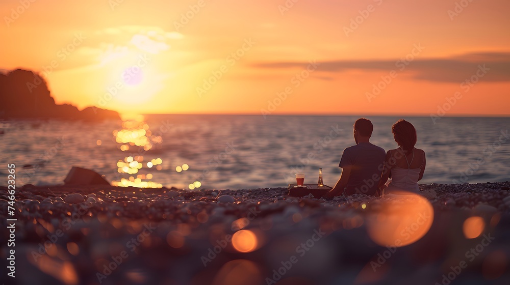 Romantic couple in love doing picnic on the sea beach at sunset. Blurred image of Boyfriend and girlfriend enjoying love