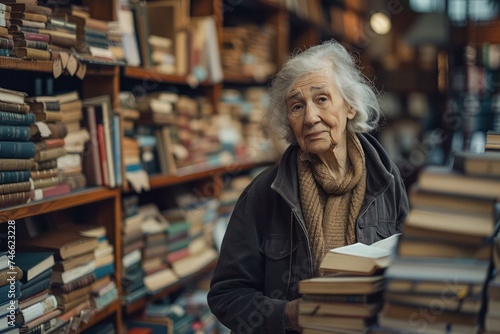 Elderly Woman among Stacks of Books in Library, Contemplative Wisdom, Aged Academic Environment