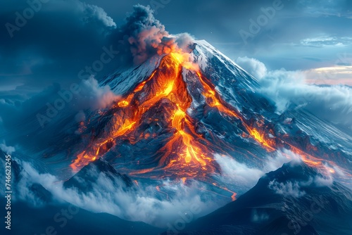 Majestic Volcanic Eruption at Night with Lava Flowing, Ash Plume, and Fiery Mountain Landscape