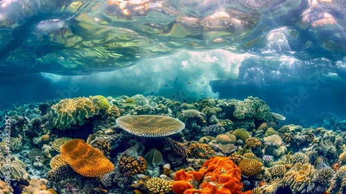 Vibrant Underwater Seascape with Coral Reef and Marine Life in Pristine Tropical Waters © pisan