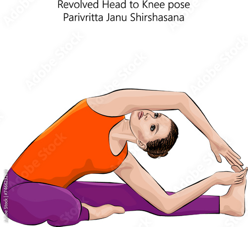 Young woman doing yoga Parivritta Janu Shirshasana. Revolved Head to Knee pose. Intermediate Difficulty. Isolated vector illustration.