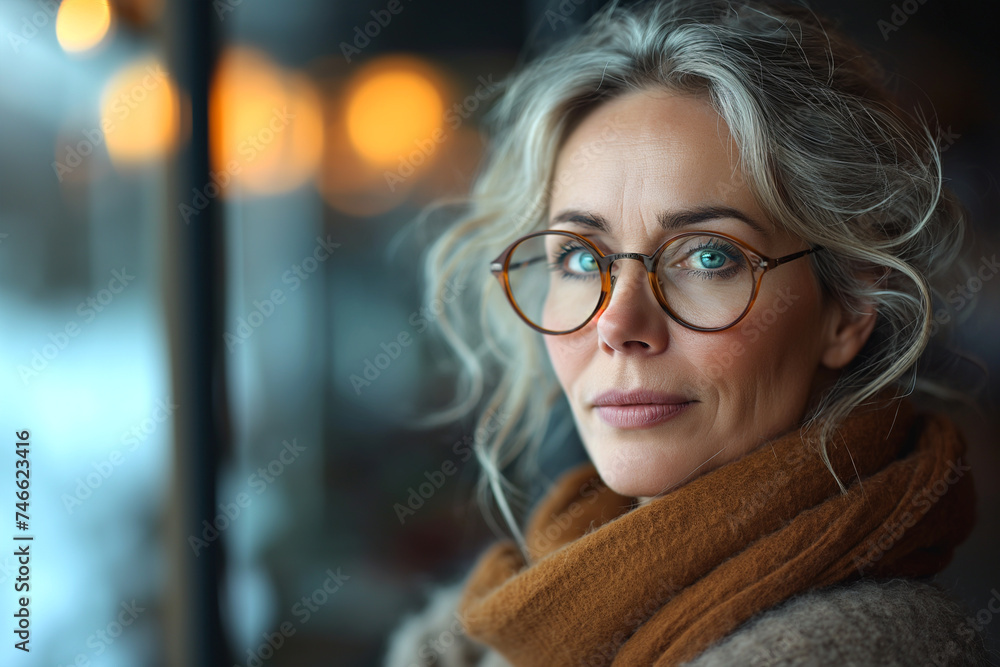Thoughtful mature female professional with file leaning on glass wall Thoughtful mature female professional with file leaning on glass wall