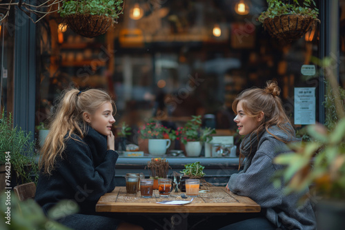 Two women meeting and talking in a cafe