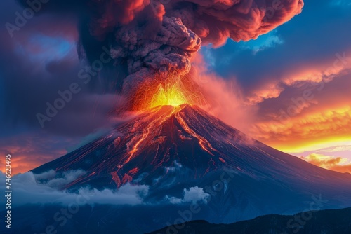 Majestic Volcanic Eruption at Sunset with Dramatic Sky and Fiery Lava Explosion © pisan