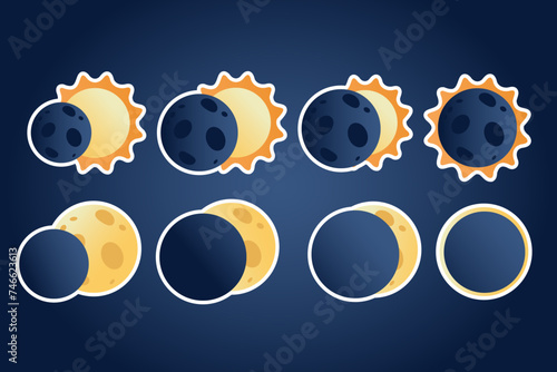 Solar, lunar eclipse stickers in flat style