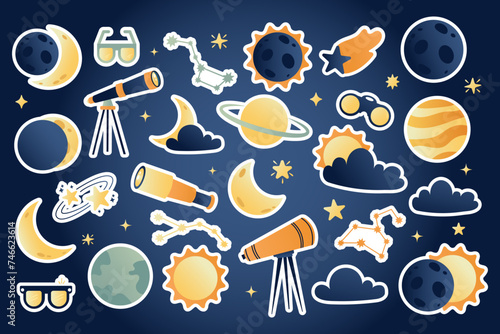 Set of cute stickers solar eclipse in flat style