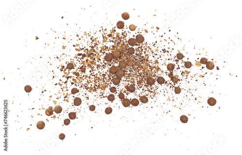 Allspice, pimento spice, Jamaican pepper and shavings isolated on white background and texture, macro