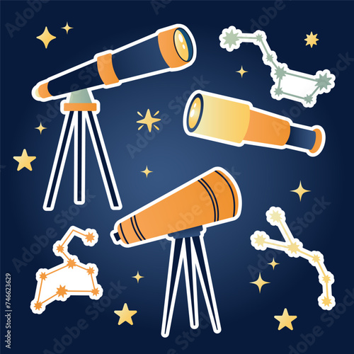 Set of stickers telescopes in flat style with stars