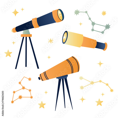 Set of telescopes in flat style with stars