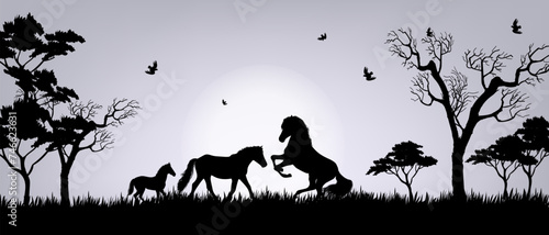 Silhouette horses  with trees and grass at forest view landscape vector illustration background. © Suryadi