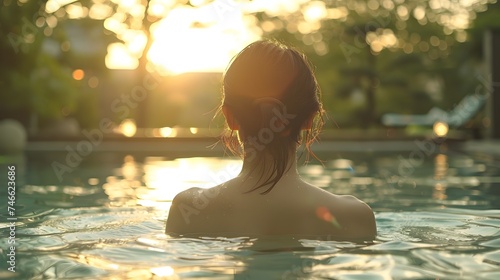 Woman Swimming in an Outdoor Pool at Sunset in Japanese Style