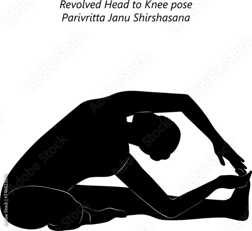 Silhouette of woman doing yoga Parivritta Janu Shirshasana. Revolved Head to Knee pose. Intermediate Difficulty. Isolated vector illustration
