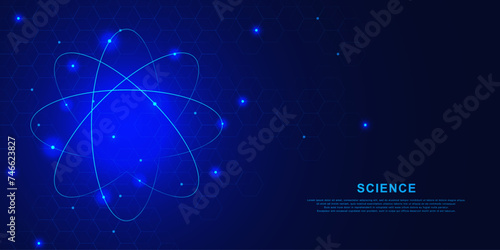 Nuclear atom hologram with molecular structure for science and technology concept on dark blue background.