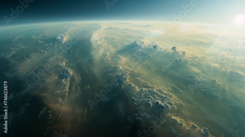 Majestic Aerial View of Sunlight Shining on Cloudscape at Dawn, Ethereal Sky Panorama