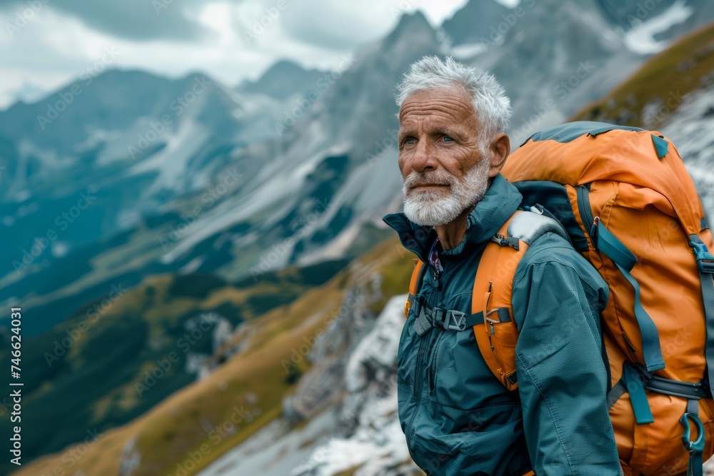 Senior Mountaineer with Backpack Trekking in Breathtaking Mountain Landscape, Experienced Hiker Exploring Wilderness Senior Mountaineer with Backpack Trekking in Breathtaking Mountain Landscape, Experienced Hiker Exploring Wilderness