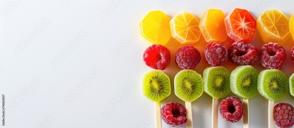 A variety of fresh fruits – such as strawberries, pineapples, and grapes – arranged on skewers on a clean white surface, ready to be enjoyed as a nutritious snack. A variety of fresh fruits – such as strawberries, pineapples, and grapes – arranged on skewers on a clean white surface, ready to be enjoyed as a nutritious snack.