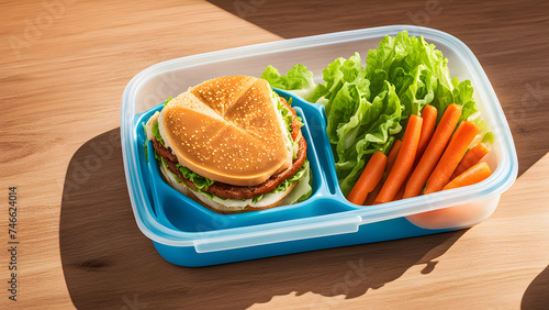 Packed lunch to take to school, healthy lunch, bread, vegetables and fruit in plastic box 