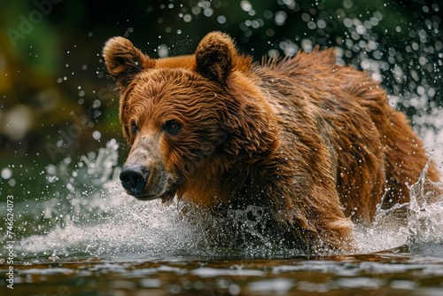 Majestic Brown Bear Splashing Through River Water in Natural Wilderness Setting