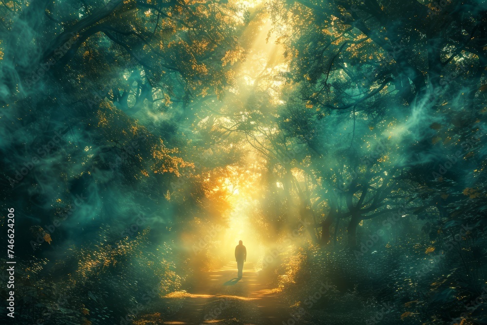 Ethereal Sunlight Streaming Through Misty Forest with Lone Silhouette on Pathway - Magical Woodland Scene Ethereal Sunlight Streaming Through Misty Forest with Lone Silhouette on Pathway - Magical Woodland Scene