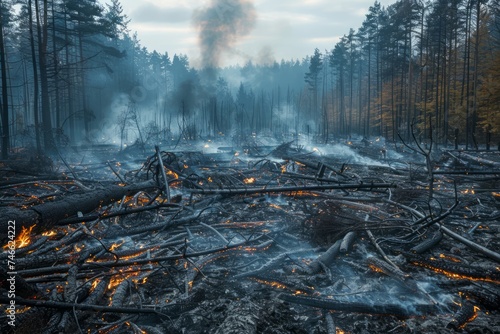 Devastating Wildfire Aftermath Scorches Forest Landscape  Fallen Trees and Ember Smoke at Dusk