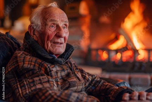Serene Elderly Gentleman Relaxing in Warm Plaid by Cozy Fireplace in Rustic Home Interior, Peaceful Retirement Lifestyle