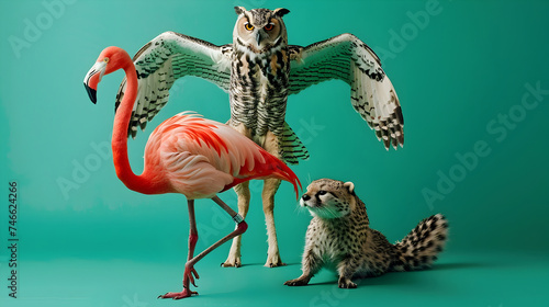 Surreal Fashion Animals Owl Cheetah and Flamingo Standing in a Green Background photo