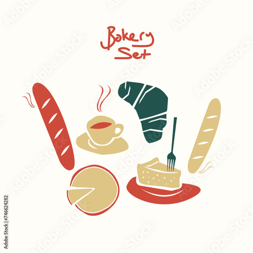 Bakery and patisserie set. Cafe and patisserie poster.
Hand drawn cake, croissant, baguette vector illustration.