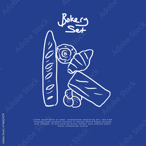 Bakery and patisserie set. Cafe and patisserie poster.
Hand drawn cake, croissant, baguette vector illustration.