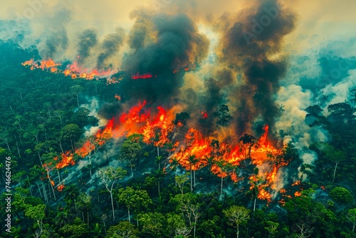 Aerial View of Devastating Forest Fire Engulfing Tropical Rainforest with Intense Flames and Smoke