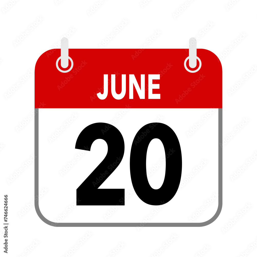 20 June, calendar date icon on white background. 20 June, calendar date icon on white background.