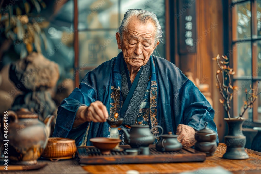Elderly Asian Man in Traditional Attire Performing a Solemn Tea Ceremony in Rustic Setting Elderly Asian Man in Traditional Attire Performing a Solemn Tea Ceremony in Rustic Setting