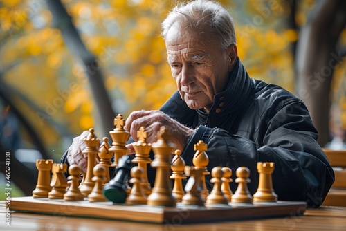 Senior Man Deep in Thought Playing Chess in Outdoor Setting with Autumn Leaves