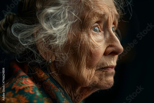 Portrait of a Contemplative Elderly Woman with Expressive Eyes and Detailed Features in Soft Light