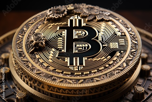 Bitcoin coin close-up top view