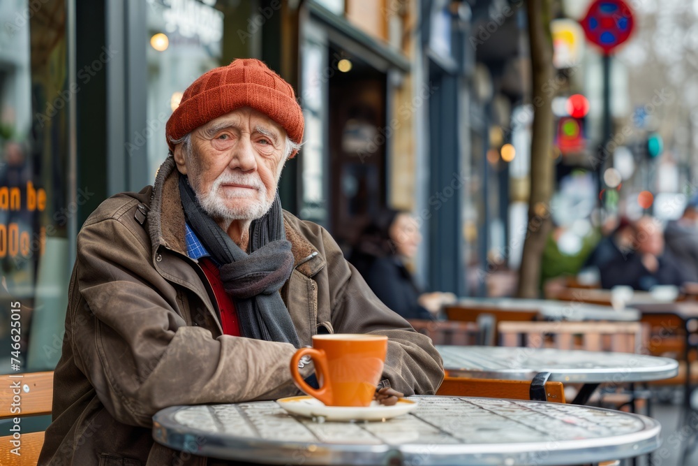 Elderly Man in Stylish Warm Attire Relaxing at an Outdoor Cafe Table with a Cup of Coffee Elderly Man in Stylish Warm Attire Relaxing at an Outdoor Cafe Table with a Cup of Coffee