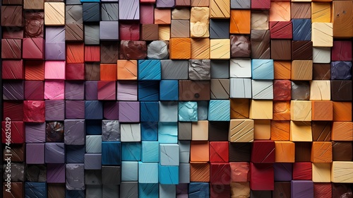 a colorful wooden wall stock photo, in the style of mixed, flat color blocks, wood veneer mosaics, color photography, focus stacking, contemporary candy-coated © Smilego