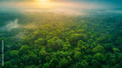 Breathtaking Aerial View of Tropical Rainforest with Mist at Sunrise, Lush Jungle Landscape © pisan