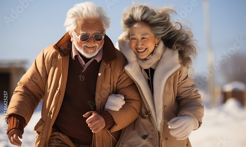 a couple in sunny winter day outside, holding hands is enjoying the summer, in the style of grandparentcore, dance, photo, energetic, cottagecore, candid celebrity shots