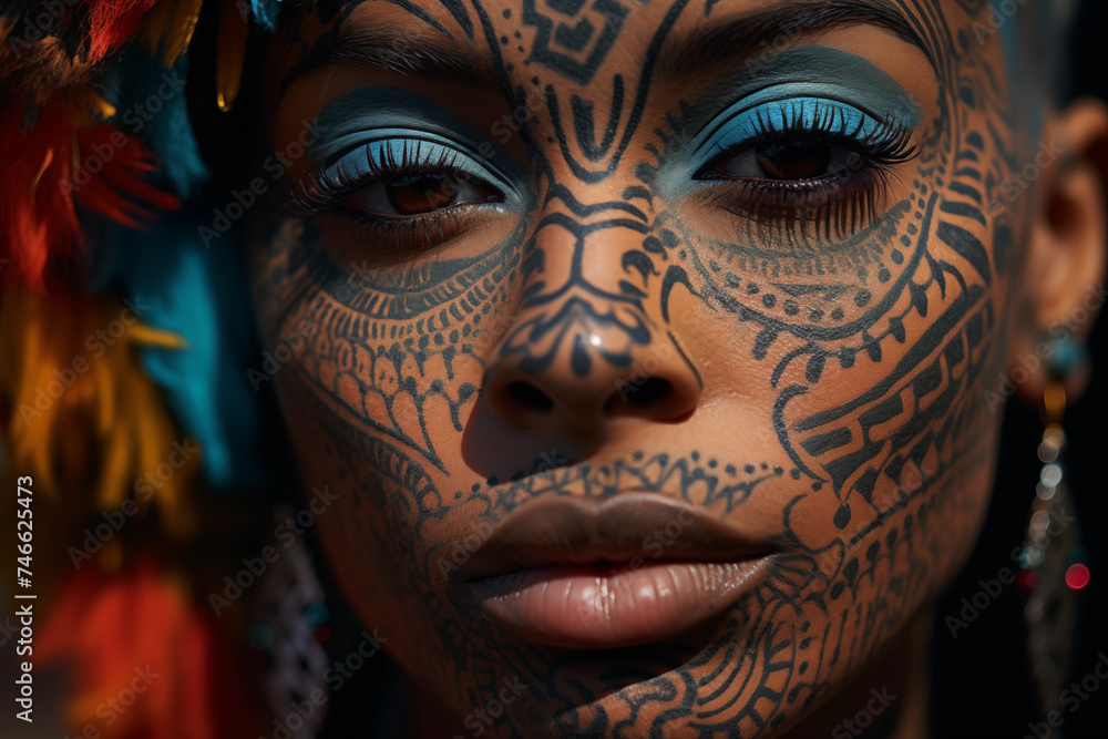 Naklejka premium Close-up of a black woman's face featuring intricate traditional and contemporary styled facial tattoos.