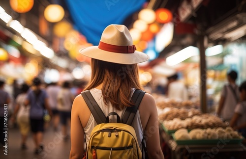 Woman traveler with backpack and hat sightseeing through the streets and street food stall markets © WrongWay