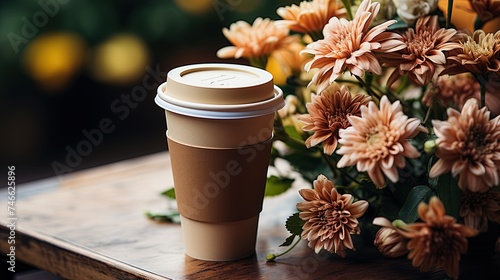 Coffee to go banner. Disposable eco - friendly cardboard cup on a natural coffee beans with flowers and copy space.