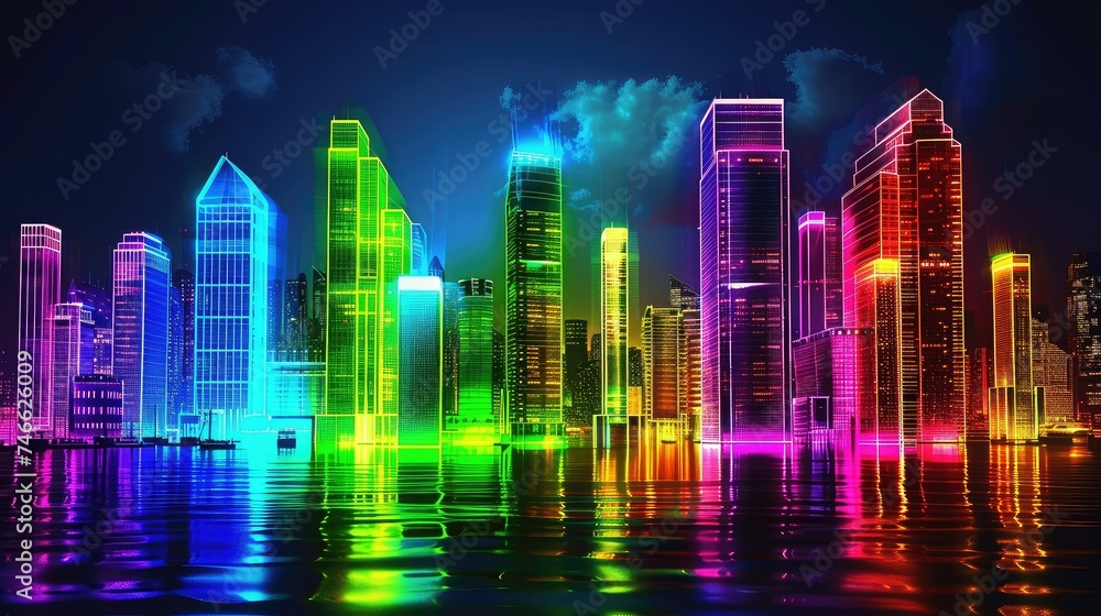 A colorful and vibrant abstract skyline of neon skyscrapers glowing at nigh