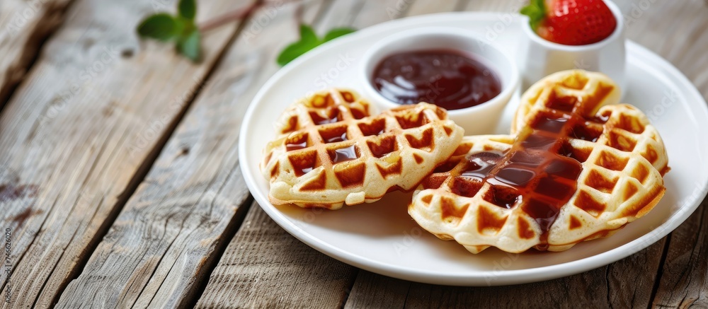 Three heart-shaped waffles are arranged neatly on a white plate, drizzled with syrup and topped with a plump strawberry. The delicious breakfast dish is ready to be enjoyed. Three heart-shaped waffles are arranged neatly on a white plate, drizzled with syrup and topped with a plump strawberry. The delicious breakfast dish is ready to be enjoyed.