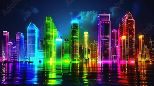 A colorful and vibrant abstract skyline of neon skyscrapers glowing at nigh © Suwanlee
