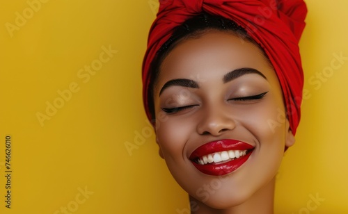 Close-up portrait of a woman with a red headscarf and vibrant red lipstick on a yellow background. Beauty and fashion concept with copy space
